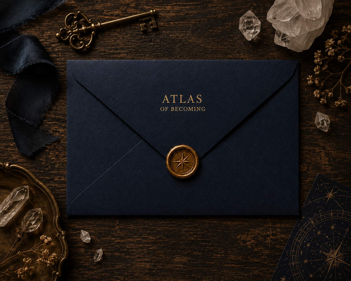 Navy Atlas of Becoming envelope with gold lettering and compass wax seal