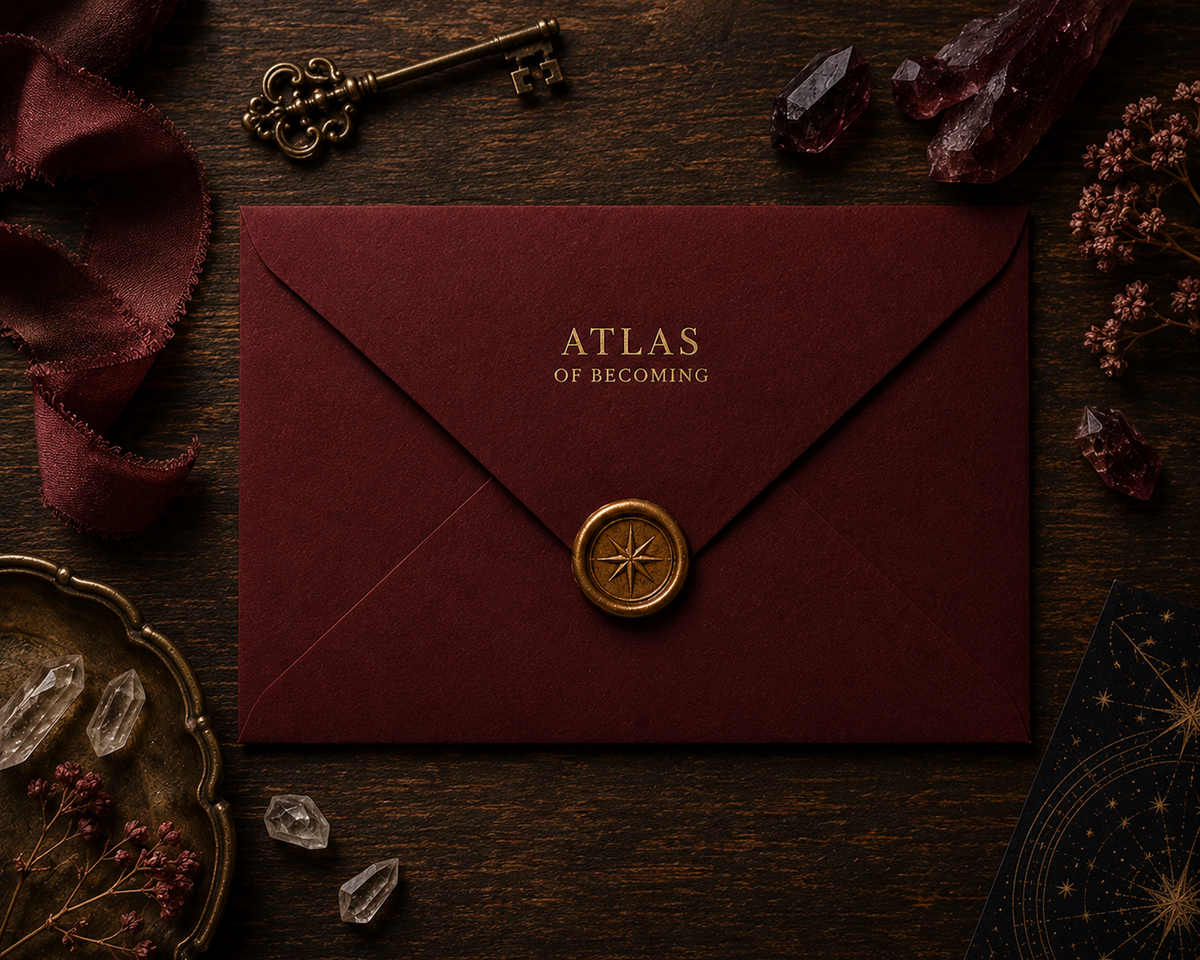 Burgundy Atlas of Becoming envelope with gold lettering and compass wax seal