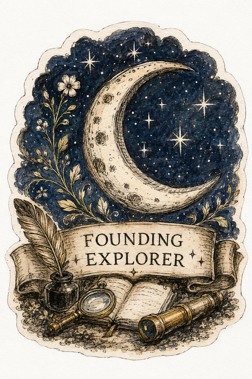 Illustrated Founding Explorer badge with crescent moon, stars, quill, compass and telescope